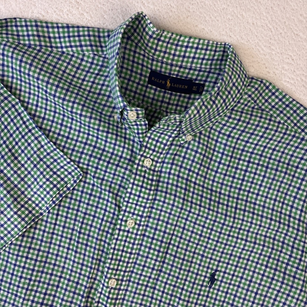 RALPH LAUREN Mens 100% Linen Shirt XLT Gingham Plaid Tall Short Sleeve Button Up